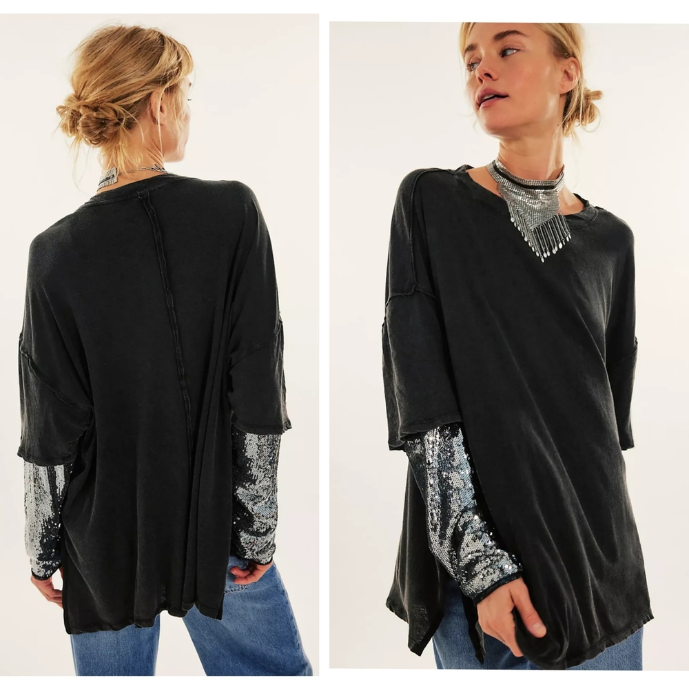 Free People Black Silver Nellie Sequin Top Sz M Relax Fit Cotton Long Sleeve